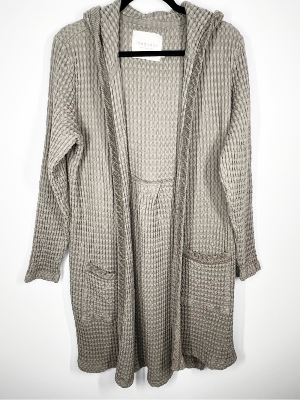 Mododoc Waffle Knit Open Front Hooded Duster Cardigan Sage Green Medium